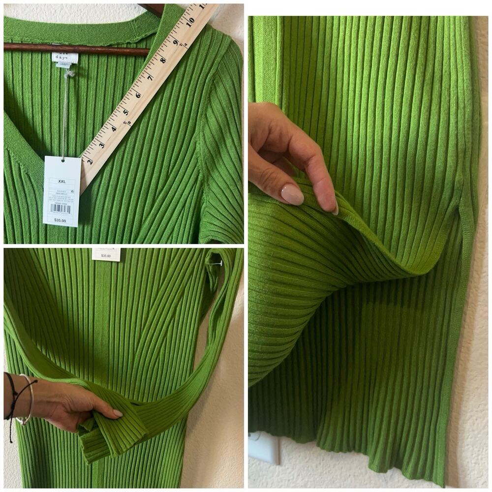Ribbed Knit Midi Dress Green V Neck Long Sleeve Bodycon Slit A New Day XXL - Picture 3 of 8